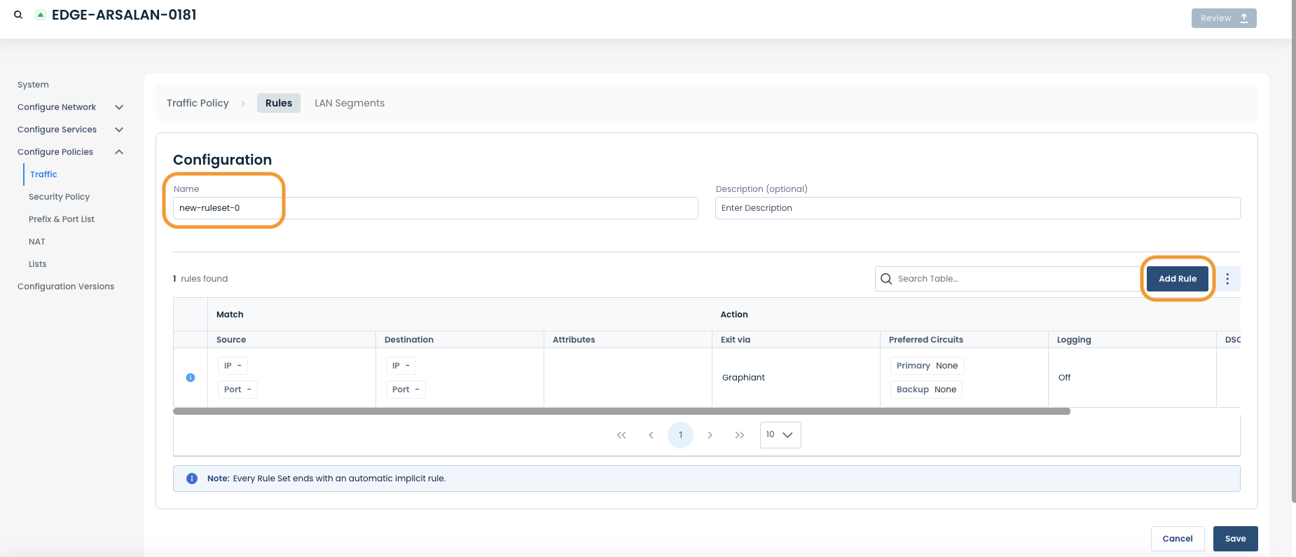 Configuration interface showing traffic policy rules and options to add a new rule.